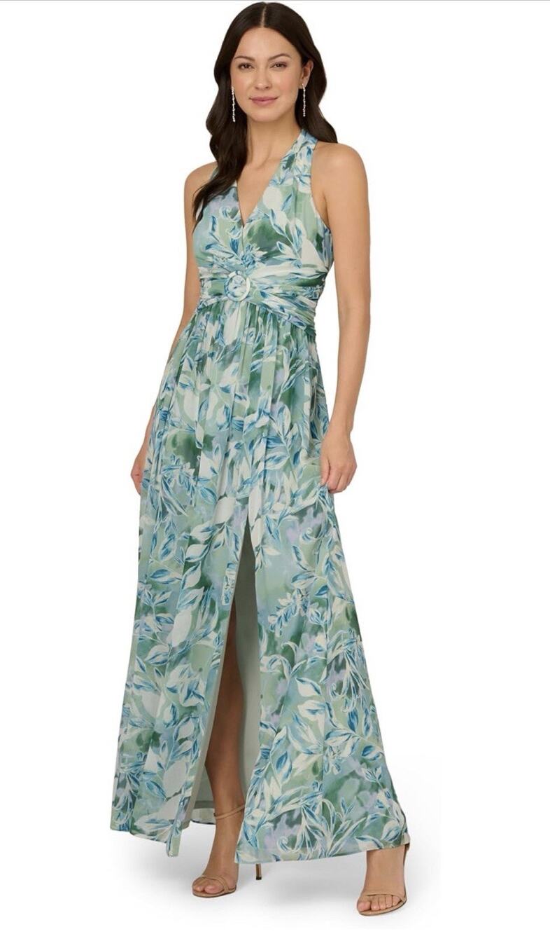 Adrianna Papell Green & Blue Floral Chiffon V-Neck Dress 14 Wedding Cocktail